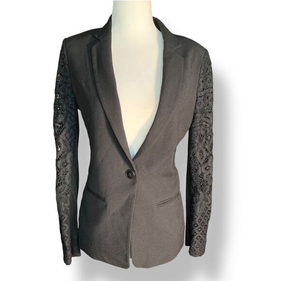 BCBGMAXAZRIA Keanu Black Lace Sleeve Sheer Back Tailored Hourglass Blazer Jacket - Picture 5 of 12